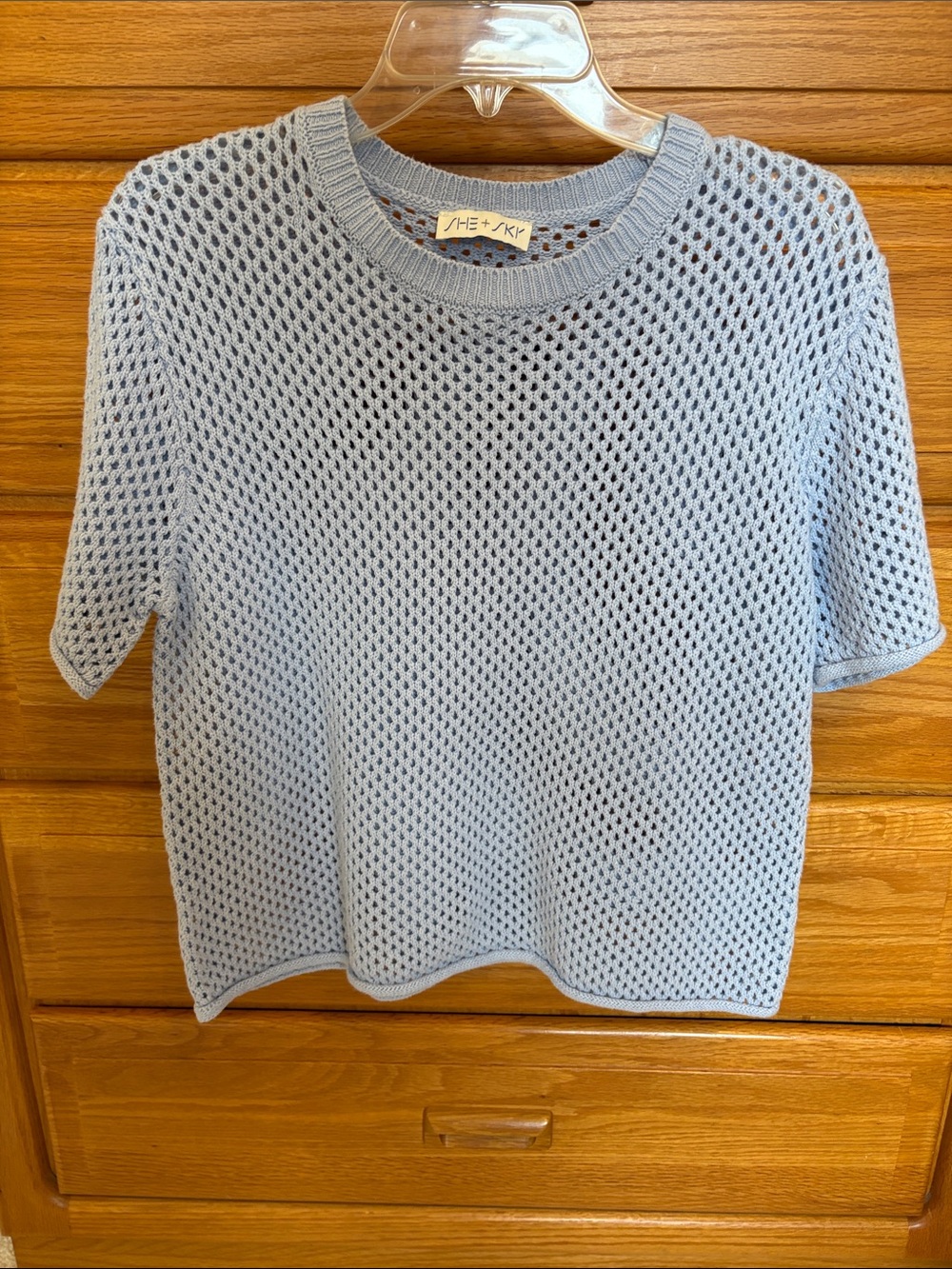 SHE + SKY Light Blue Short Sleeve Crochet Knit Top Size XL